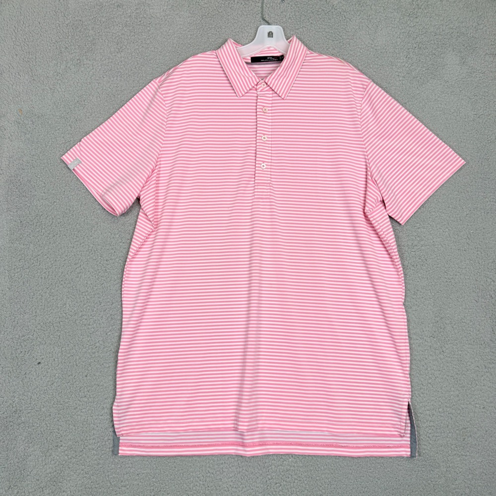 RLX Ralph Lauren Mens XL Pink White Striped Performance Golf Polo Shirt